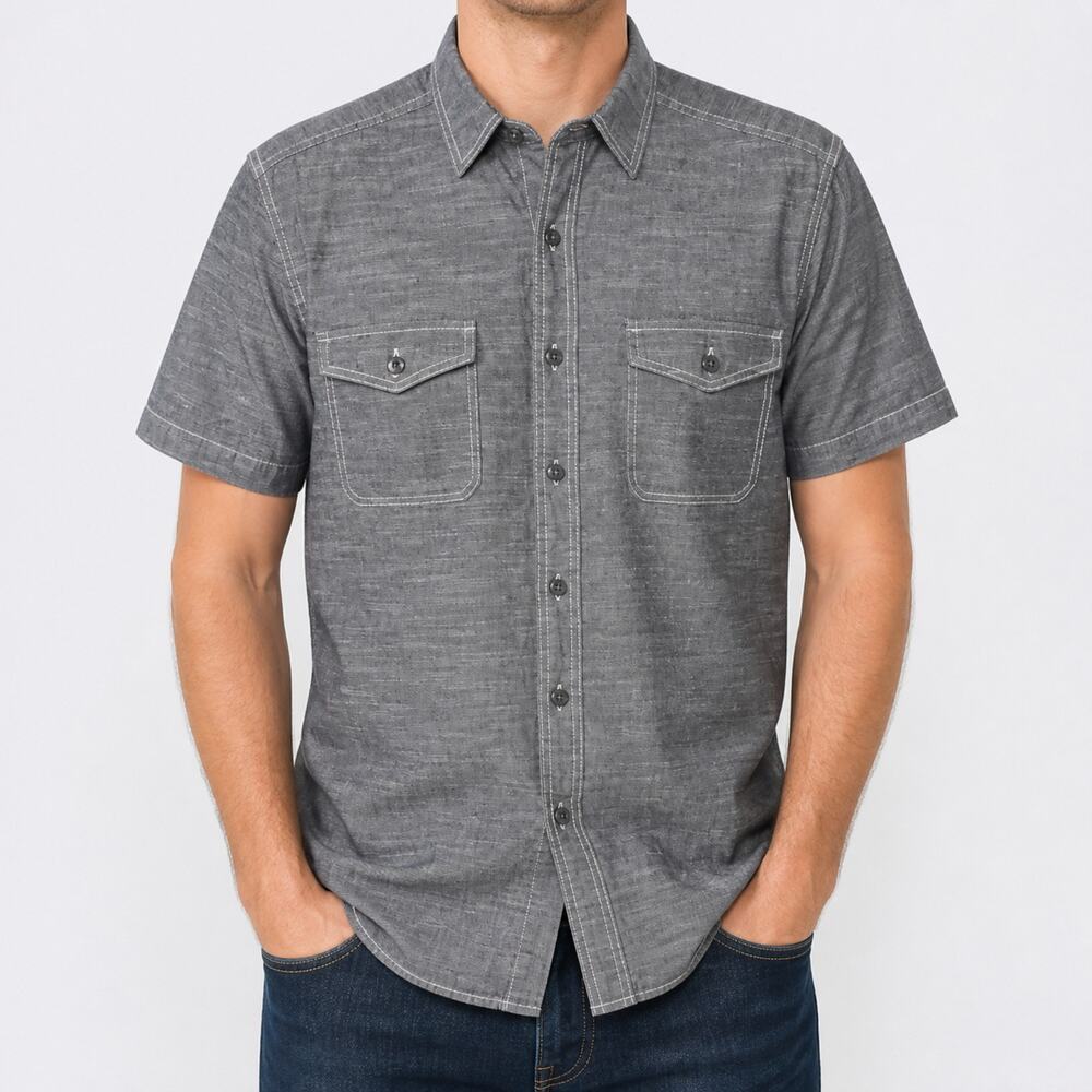 Woolrich Shirt Mens Large Gray Short Sleeve 100% Cotton Flap Pockets